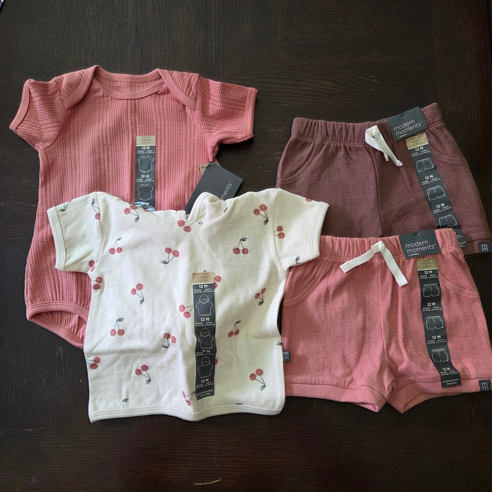 Modern Moments by Gerber Baby Girl 12M Organic Cotton 4pc Set Cherry Waffle Pink